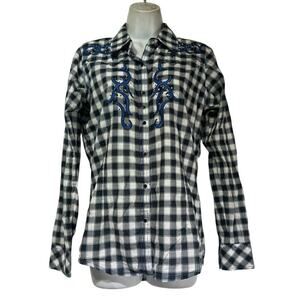 Rock 47 Wrangler Western Snap Shirt Womens S Black White Plaid Embroidered